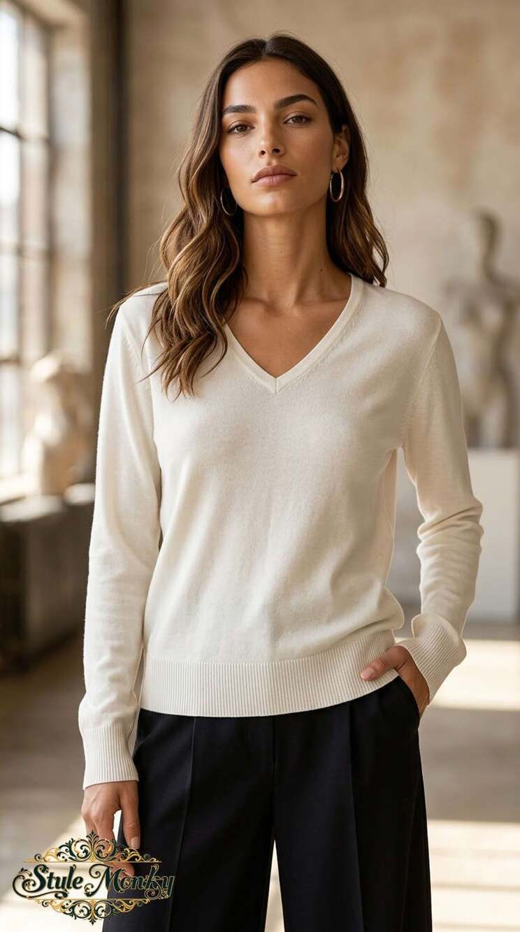 Bhs V-Neck Sweater Size 12 Cream Long Sleeve Knit Pullover